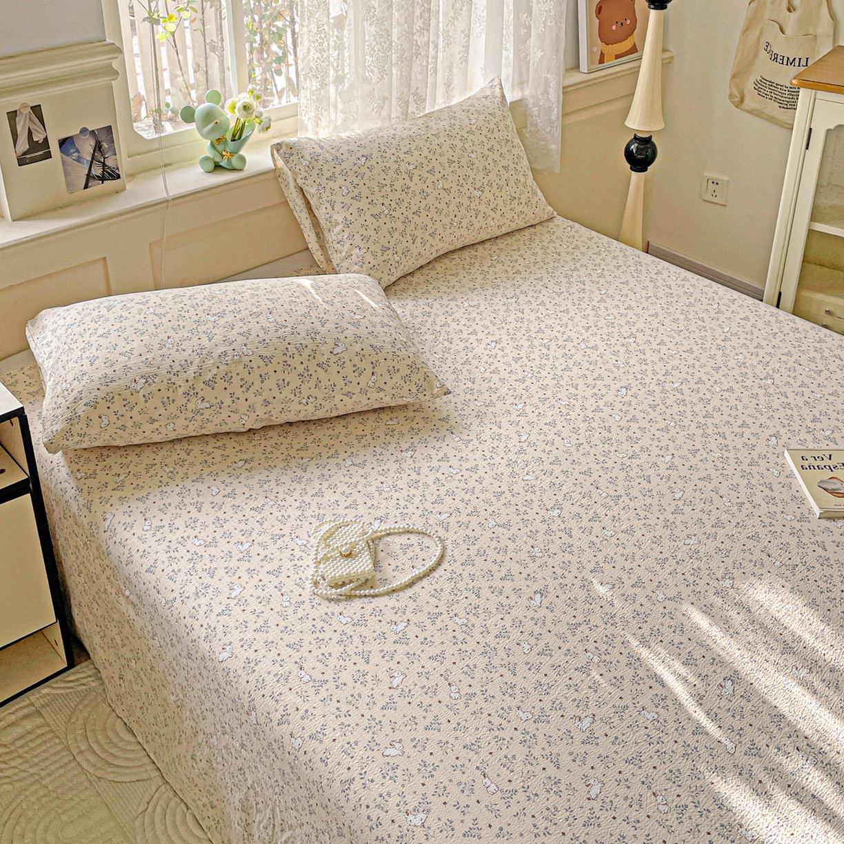 91家纺网 家纺一手货源 找家纺 暖芯优选 2025新款母婴级ins小清新双层纱印花床单枕套三件套（提供买家秀） 田园萌兔