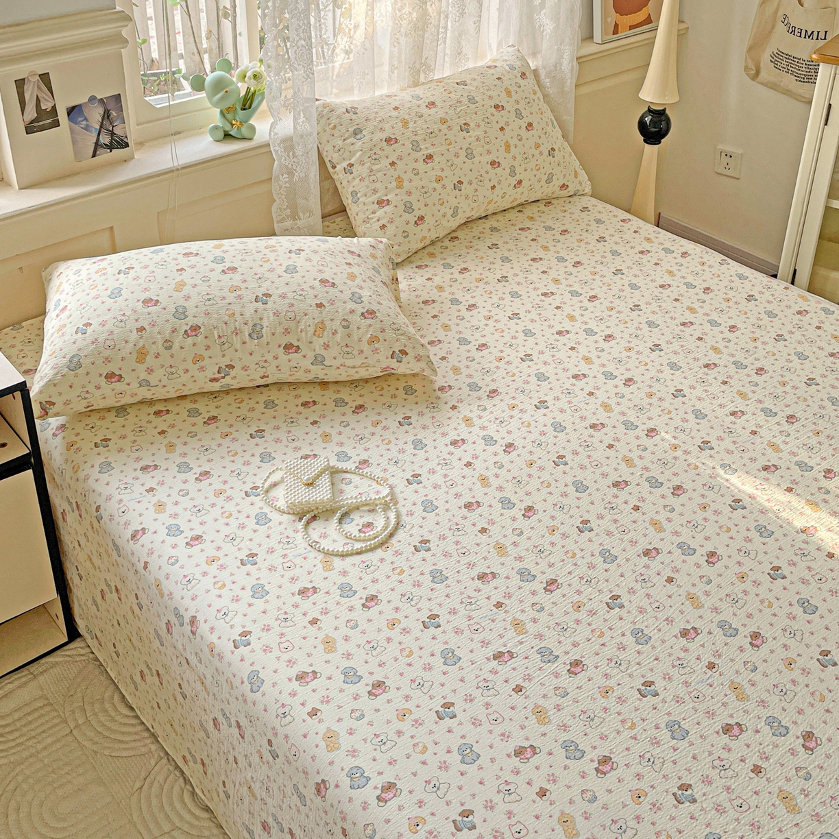 91家纺网 家纺一手货源 找家纺 暖芯优选 2025新款母婴级ins小清新双层纱印花床单枕套三件套（提供买家秀） 甜梦生活