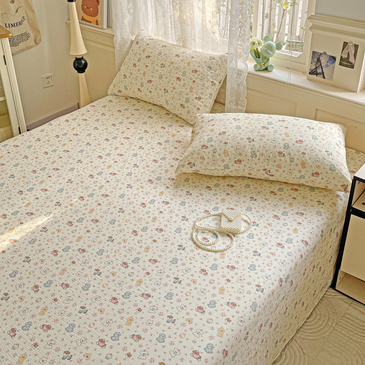 91家纺网 家纺一手货源 找家纺 暖芯优选 2025新款母婴级ins小清新双层纱印花床单枕套三件套（提供买家秀） 甜梦生活