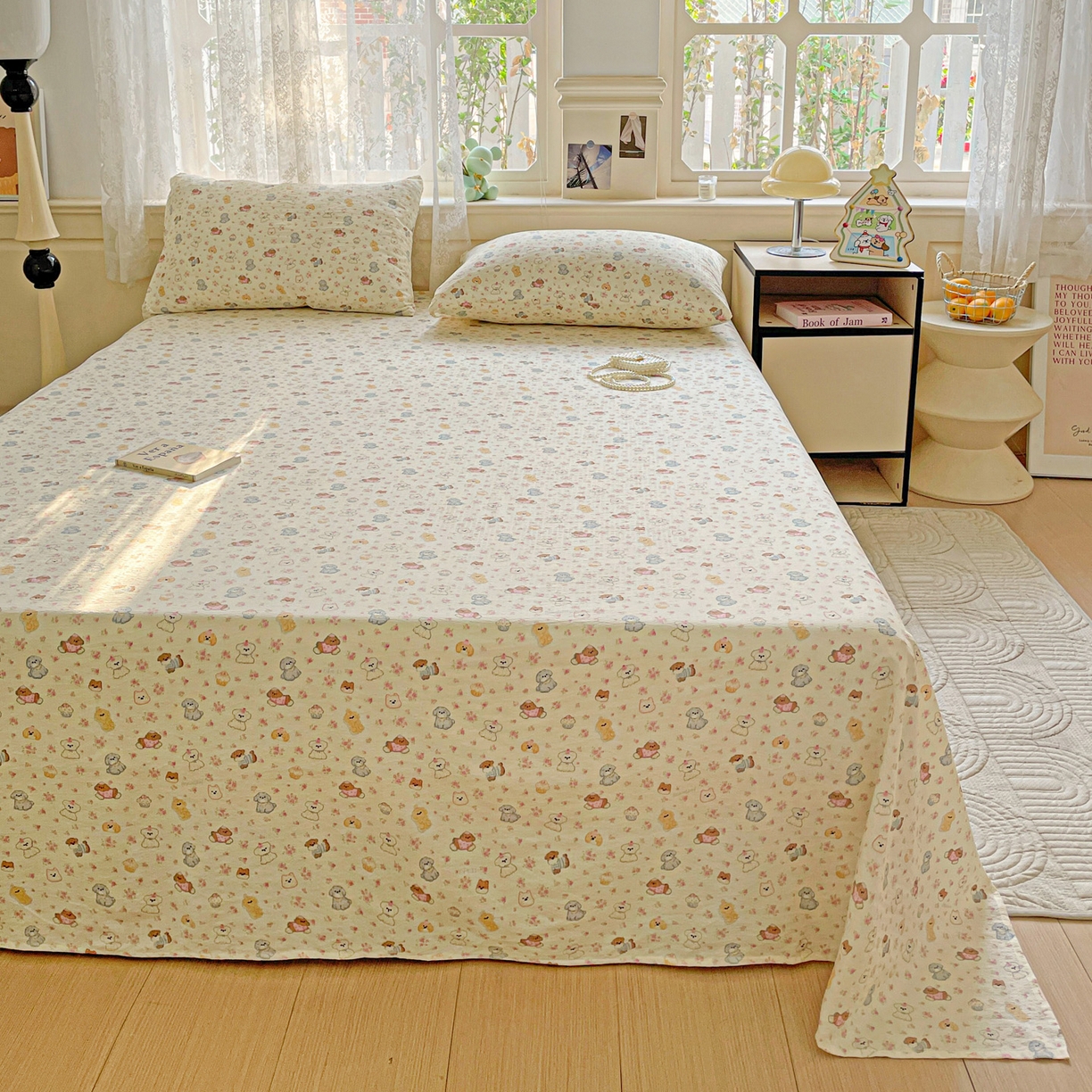 91家纺网 家纺一手货源 找家纺 暖芯优选 2025新款母婴级ins小清新双层纱印花床单枕套三件套（提供买家秀） 甜梦生活