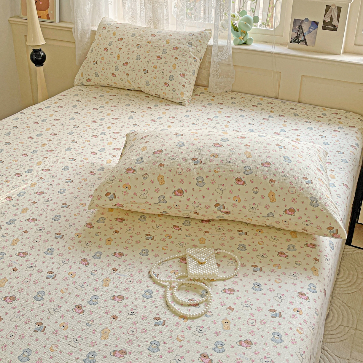 91家纺网 家纺一手货源 找家纺 暖芯优选 2025新款母婴级ins小清新双层纱印花床单枕套三件套（提供买家秀） 甜梦生活