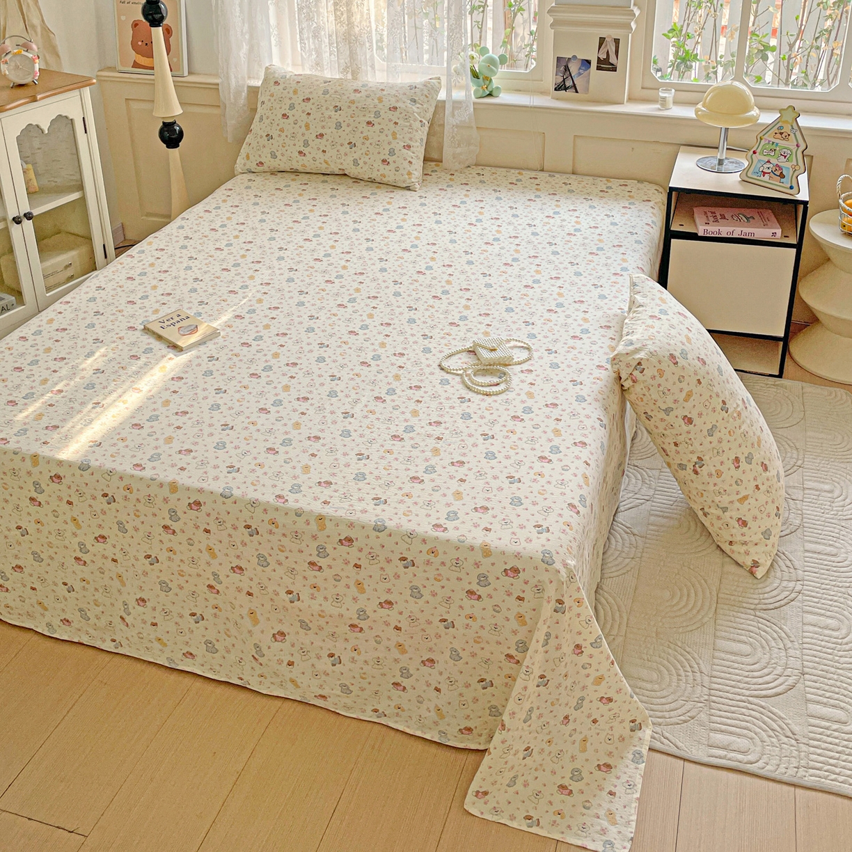 91家纺网 家纺一手货源 找家纺 暖芯优选 2025新款母婴级ins小清新双层纱印花床单枕套三件套（提供买家秀） 甜梦生活