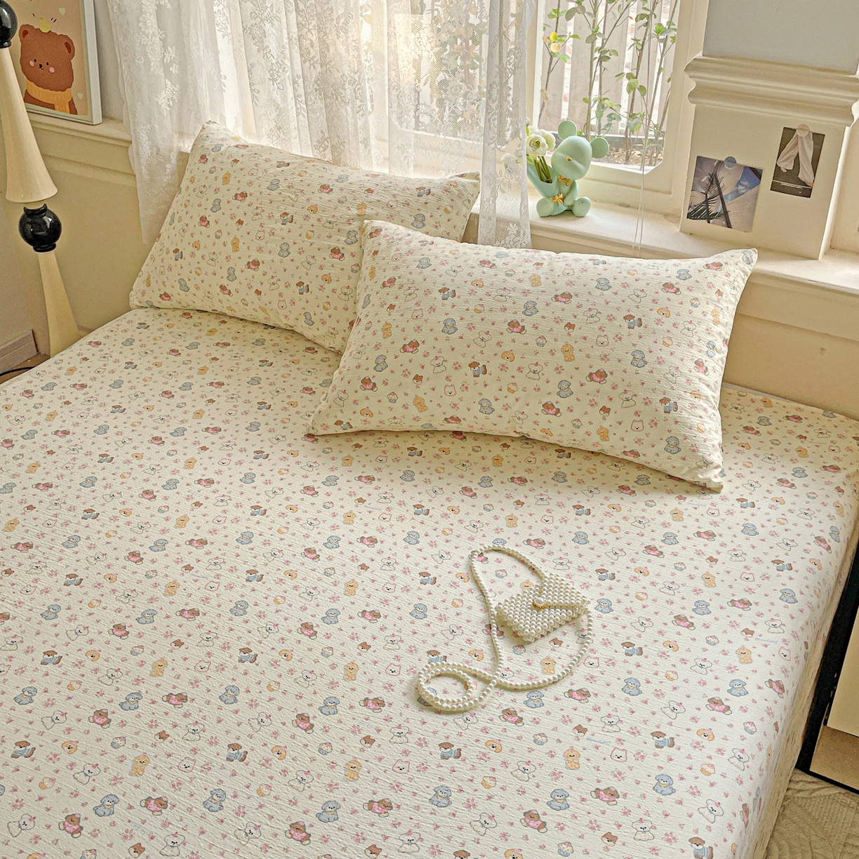 91家纺网 家纺一手货源 找家纺 暖芯优选 2025新款母婴级ins小清新双层纱印花床单枕套三件套（提供买家秀） 甜梦生活