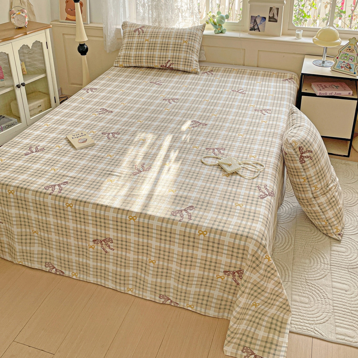 91家纺网 家纺一手货源 找家纺 暖芯优选 2025新款母婴级ins小清新双层纱印花床单枕套三件套（提供买家秀） 条格蝴蝶结