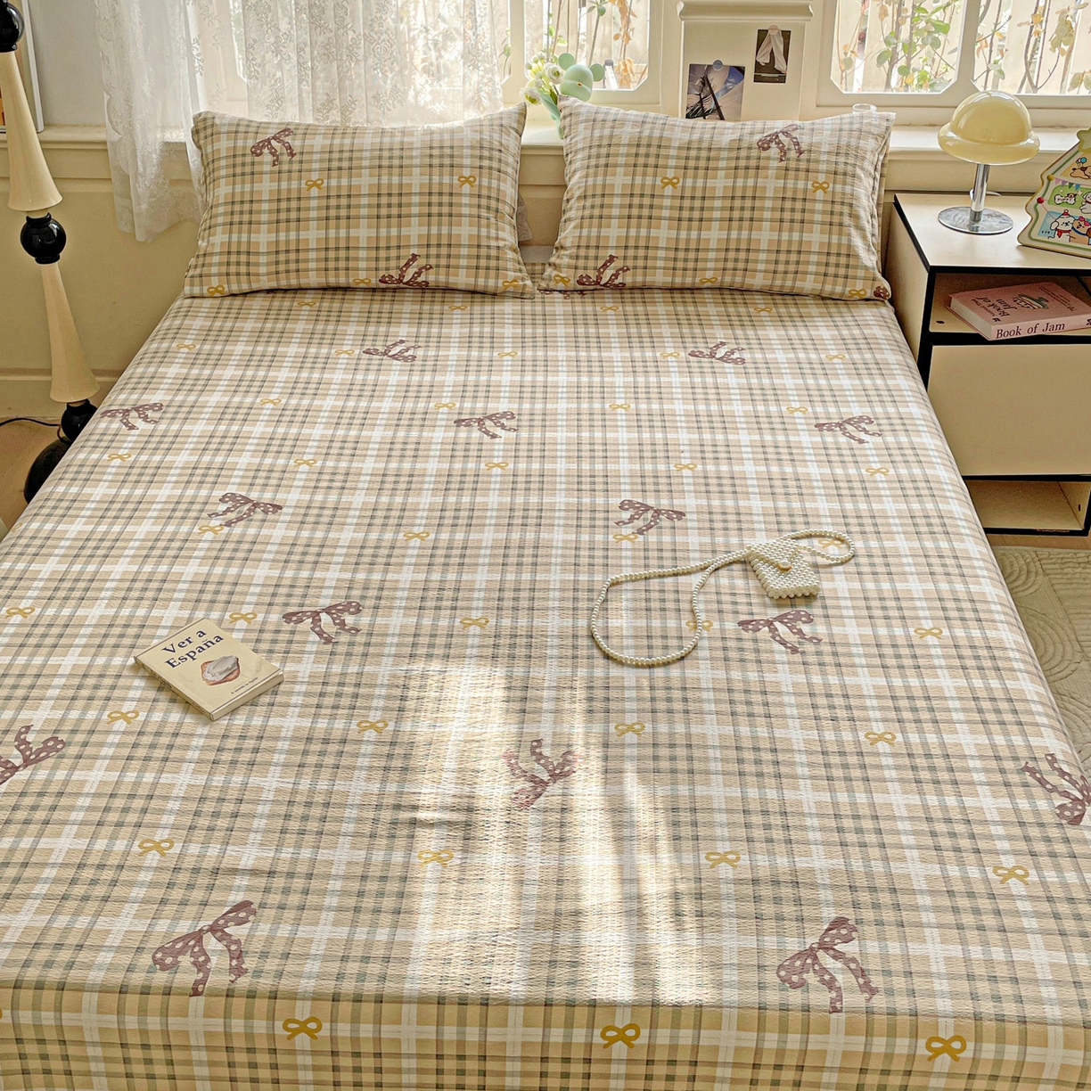 91家纺网 家纺一手货源 找家纺 暖芯优选 2025新款母婴级ins小清新双层纱印花床单枕套三件套（提供买家秀） 条格蝴蝶结