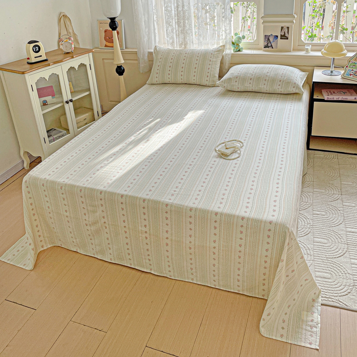 91家纺网 家纺一手货源 找家纺 暖芯优选 2025新款母婴级ins小清新双层纱印花床单枕套三件套（提供买家秀） 樱草绵绵