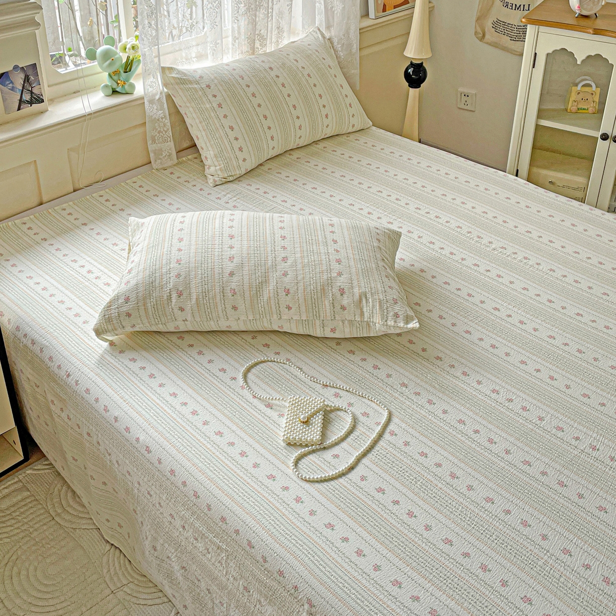 91家纺网 家纺一手货源 找家纺 暖芯优选 2025新款母婴级ins小清新双层纱印花床单枕套三件套（提供买家秀） 樱草绵绵