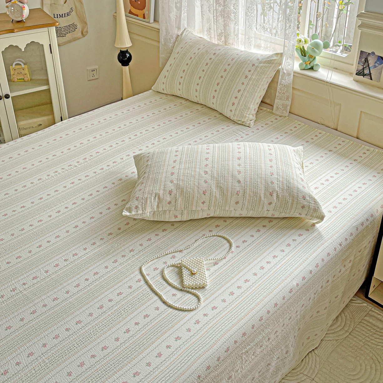 91家纺网 家纺一手货源 找家纺 暖芯优选 2025新款母婴级ins小清新双层纱印花床单枕套三件套（提供买家秀） 樱草绵绵