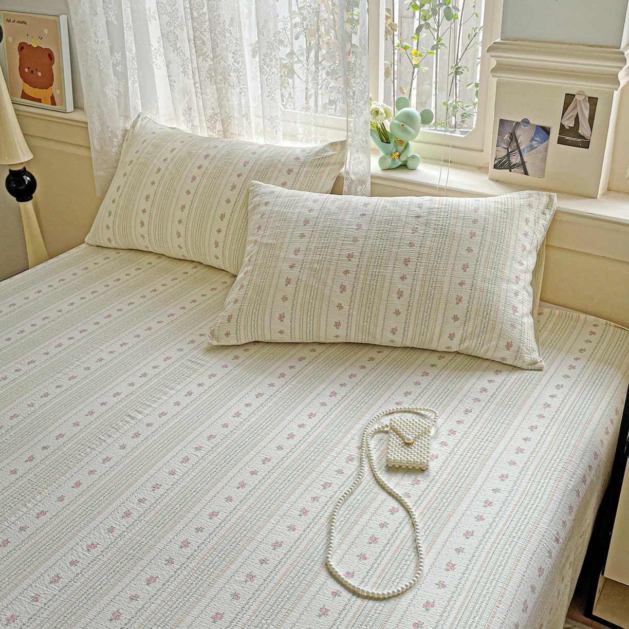 91家纺网 家纺一手货源 找家纺 暖芯优选 2025新款母婴级ins小清新双层纱印花床单枕套三件套（提供买家秀） 樱草绵绵