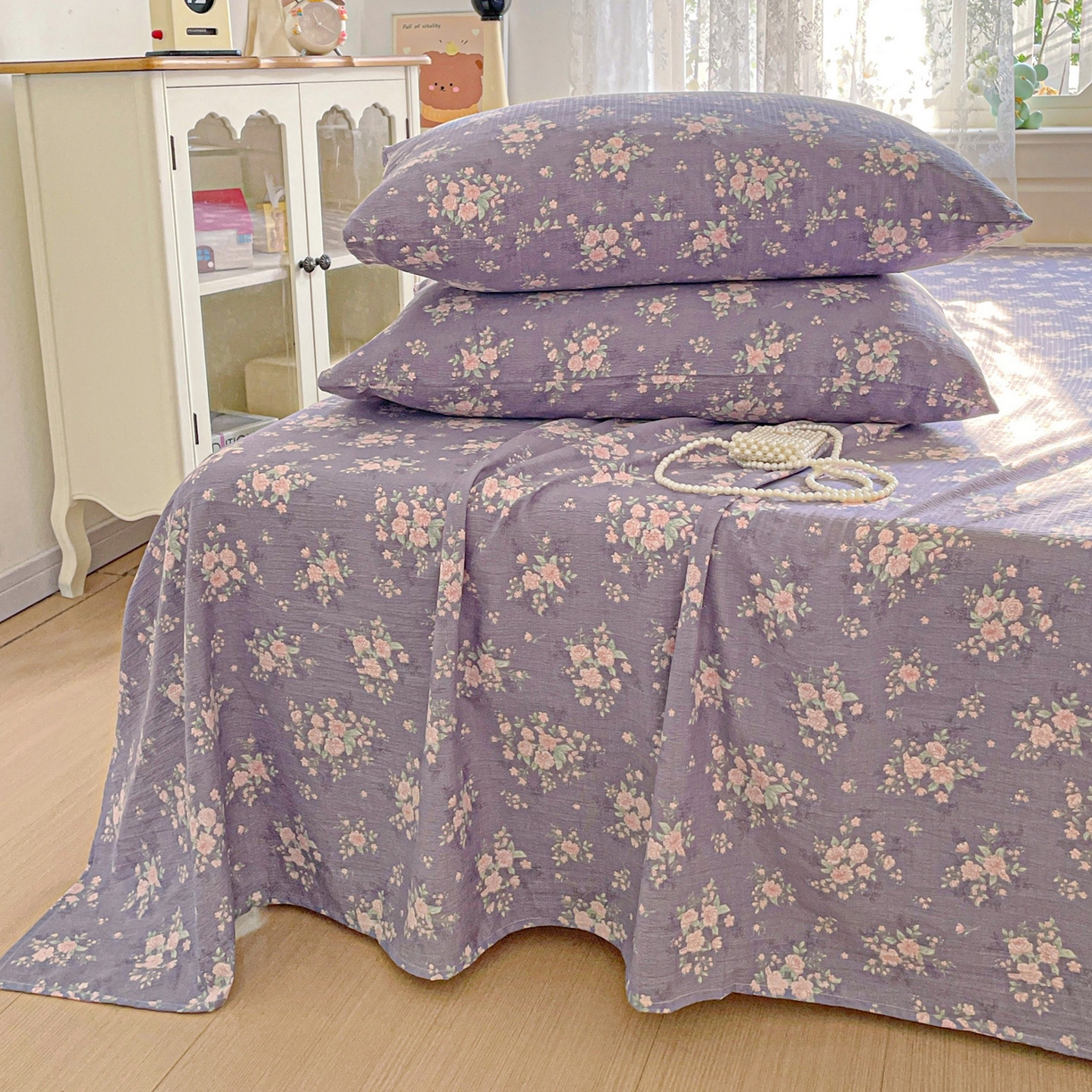 91家纺网 家纺一手货源 找家纺 暖芯优选 2025新款母婴级ins小清新双层纱印花床单枕套三件套（提供买家秀） 竹烟波月