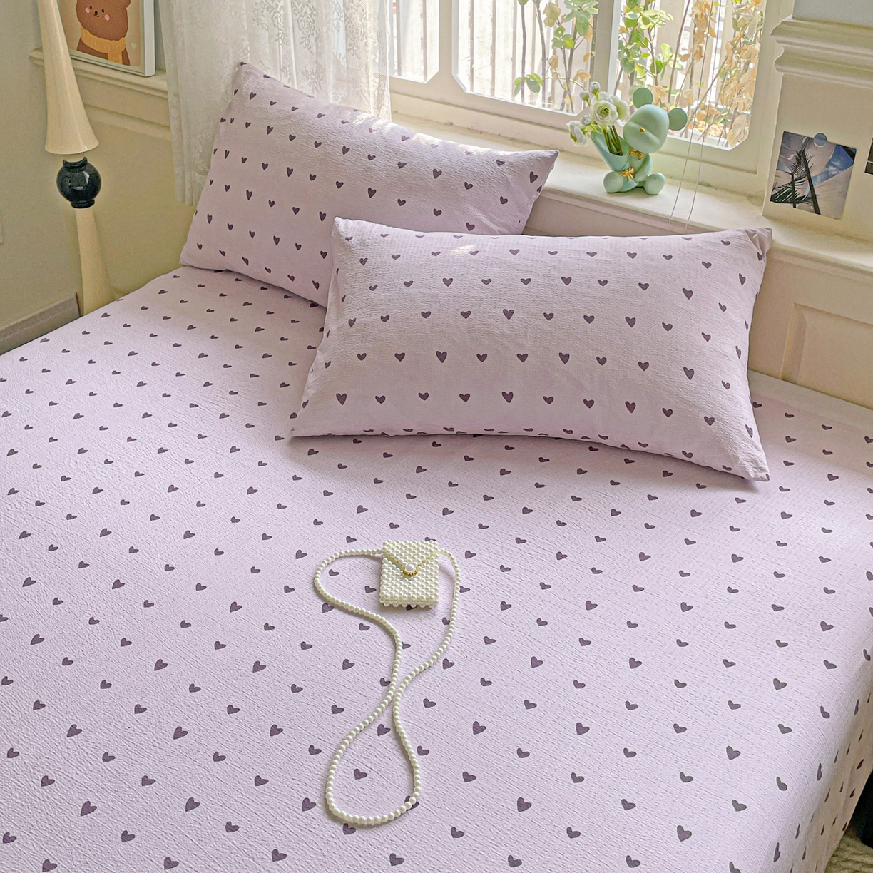 91家纺网 家纺一手货源 找家纺 暖芯优选 2025新款母婴级ins小清新双层纱印花床单枕套三件套（提供买家秀） 紫色爱心