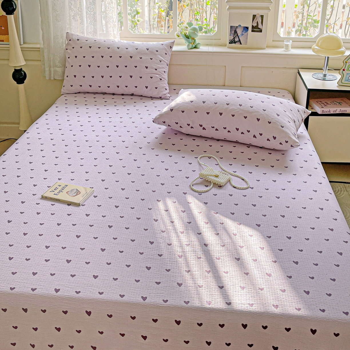 91家纺网 家纺一手货源 找家纺 暖芯优选 2025新款母婴级ins小清新双层纱印花床单枕套三件套（提供买家秀） 紫色爱心