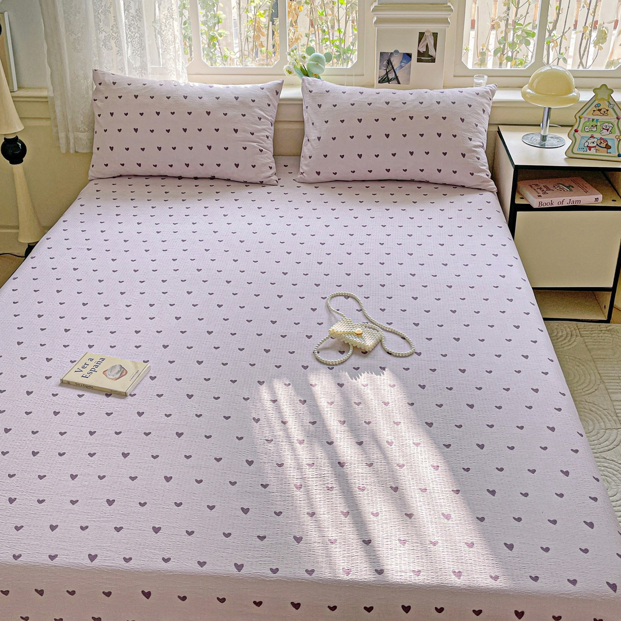 91家纺网 家纺一手货源 找家纺 暖芯优选 2025新款母婴级ins小清新双层纱印花床单枕套三件套（提供买家秀） 紫色爱心