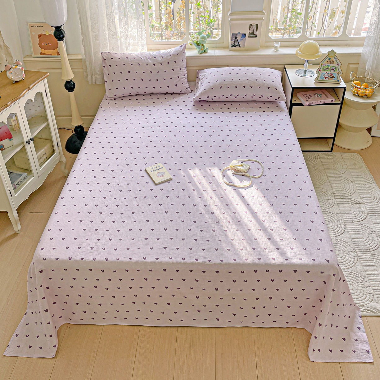 91家纺网 家纺一手货源 找家纺 暖芯优选 2025新款母婴级ins小清新双层纱印花床单枕套三件套（提供买家秀） 紫色爱心