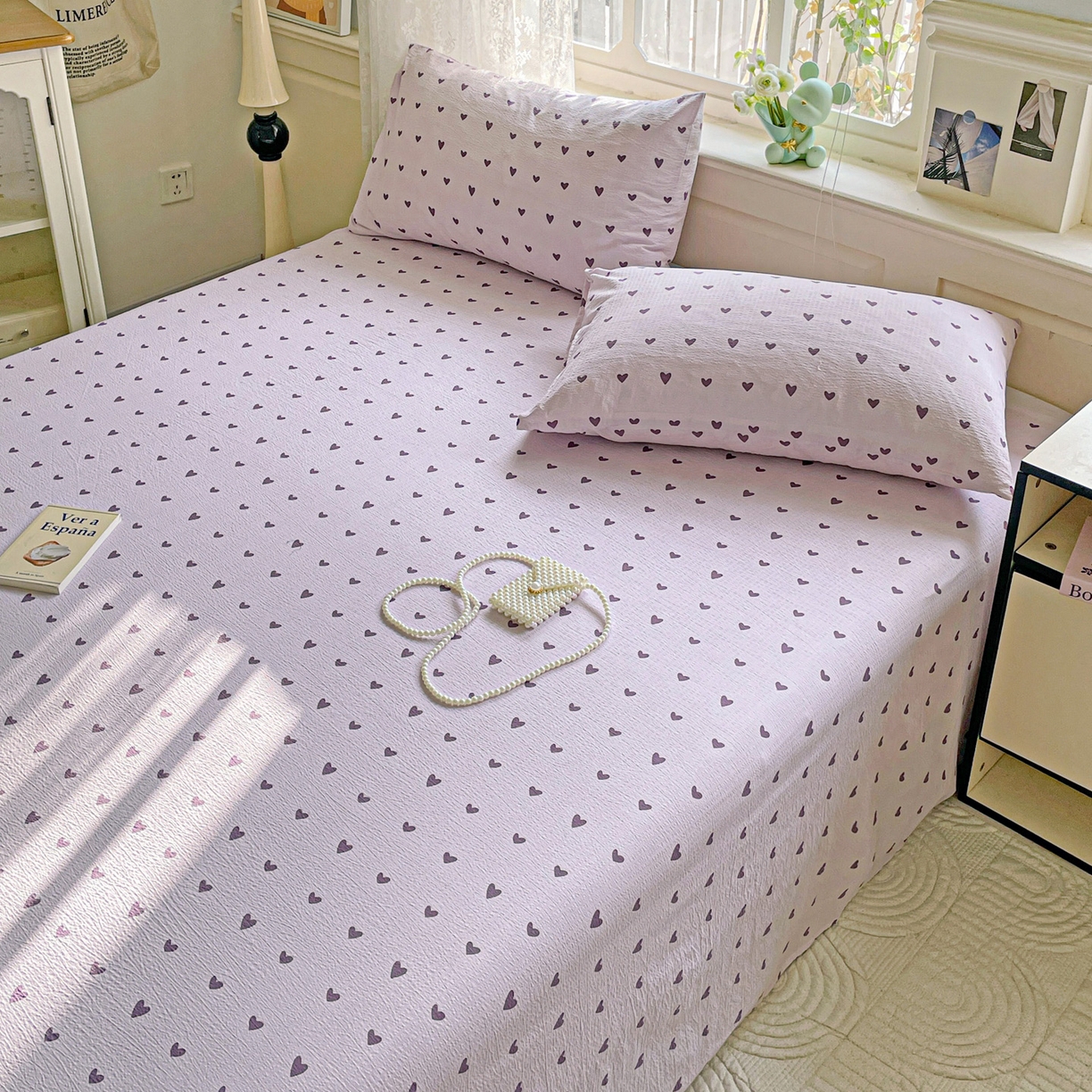 91家纺网 家纺一手货源 找家纺 暖芯优选 2025新款母婴级ins小清新双层纱印花床单枕套三件套（提供买家秀） 紫色爱心