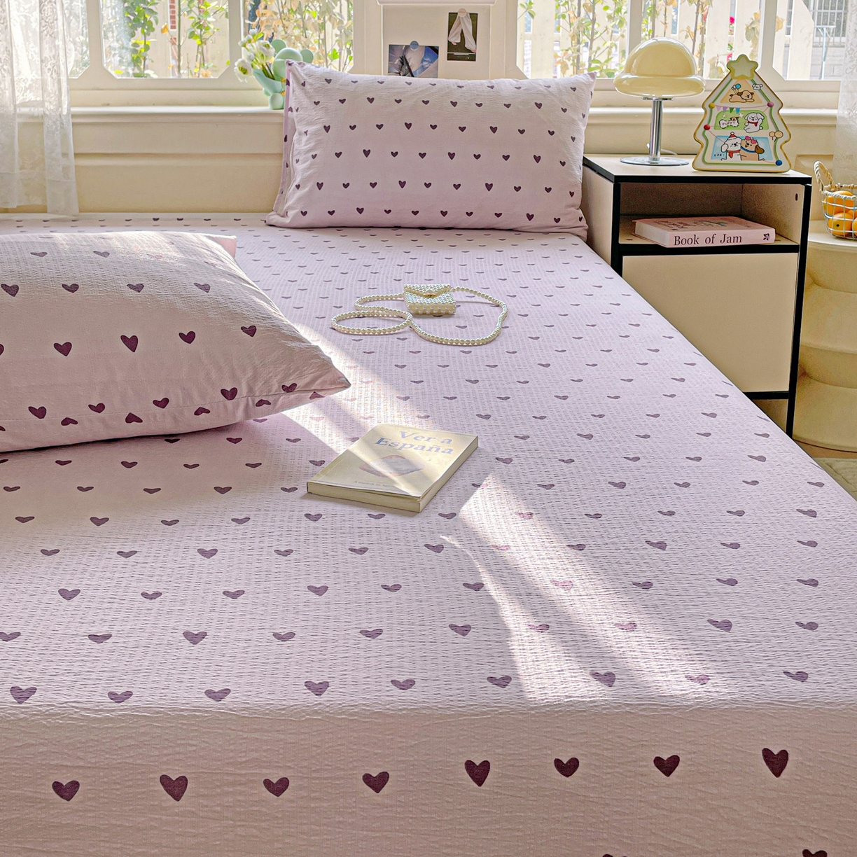 91家纺网 家纺一手货源 找家纺 暖芯优选 2025新款母婴级ins小清新双层纱印花床单枕套三件套（提供买家秀） 紫色爱心