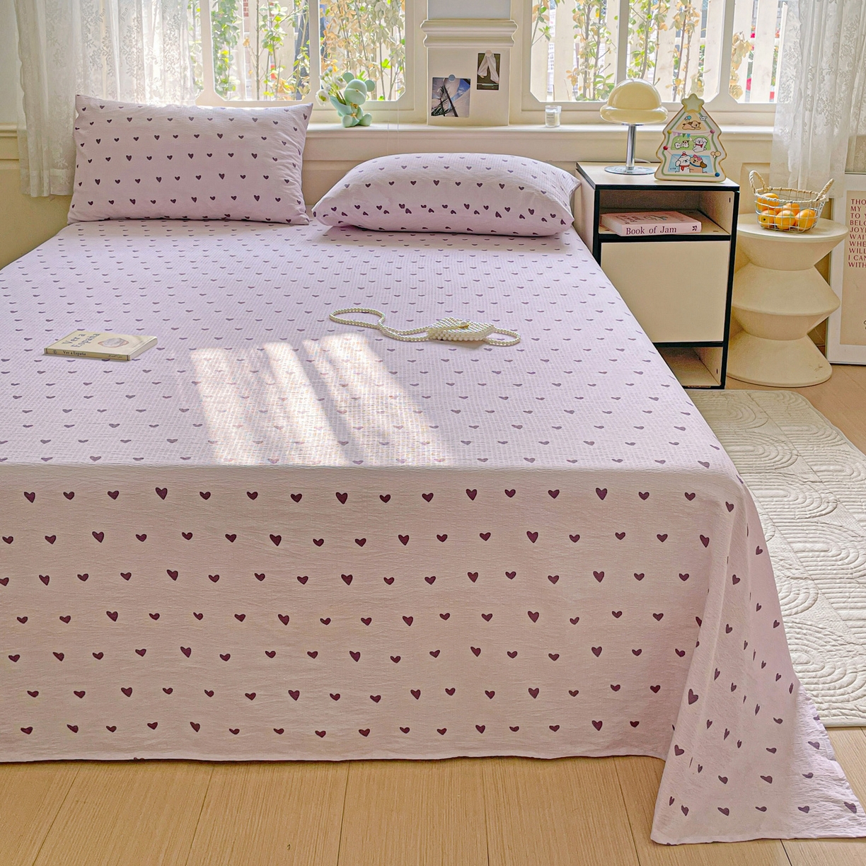 91家纺网 家纺一手货源 找家纺 暖芯优选 2025新款母婴级ins小清新双层纱印花床单枕套三件套（提供买家秀） 紫色爱心