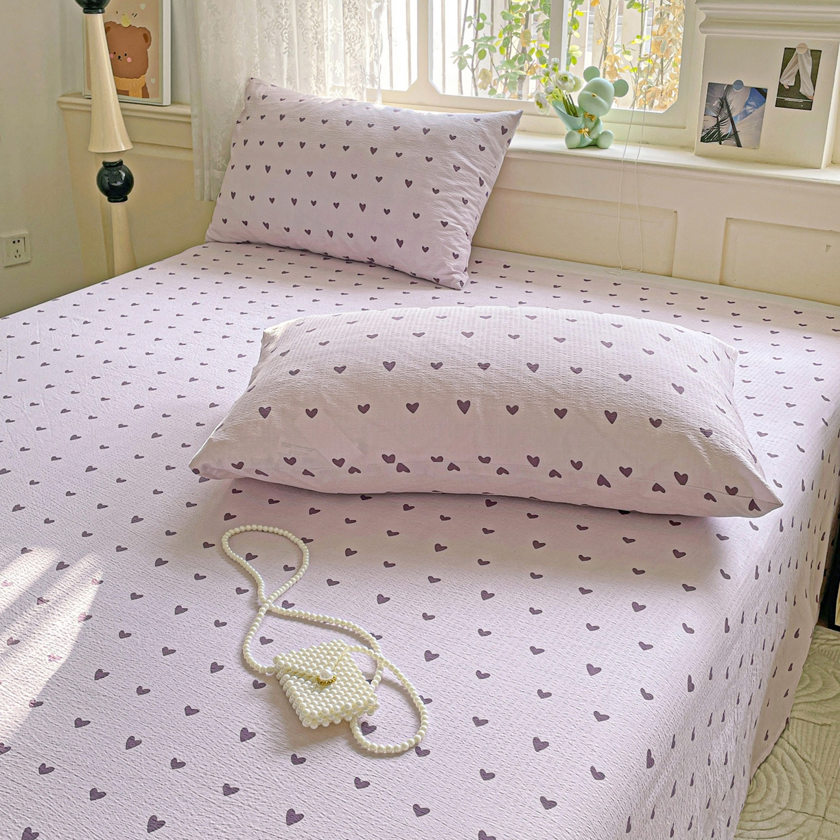 91家纺网 家纺一手货源 找家纺 暖芯优选 2025新款母婴级ins小清新双层纱印花床单枕套三件套（提供买家秀） 紫色爱心