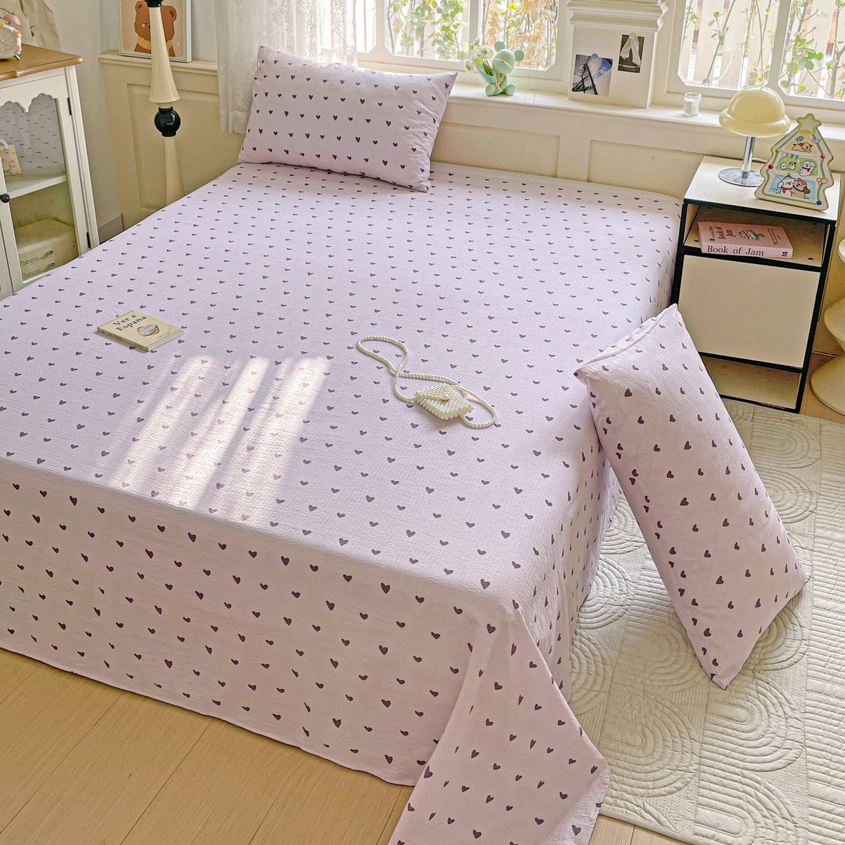 91家纺网 家纺一手货源 找家纺 暖芯优选 2025新款母婴级ins小清新双层纱印花床单枕套三件套（提供买家秀） 紫色爱心