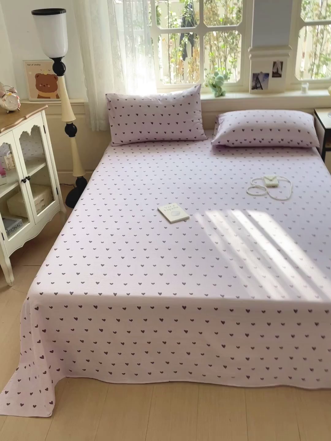 91家纺网 家纺一手货源 找家纺 暖芯优选 2025新款母婴级ins小清新双层纱印花床单枕套三件套（提供买家秀） 紫色爱心