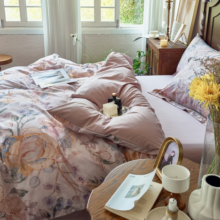 91家纺网 家纺一手货源 找家纺 由丽家纺 2025年5月柔棉全棉纯棉数码印花床单床笠款四件套（控价券后199起） 朝颜-蓝