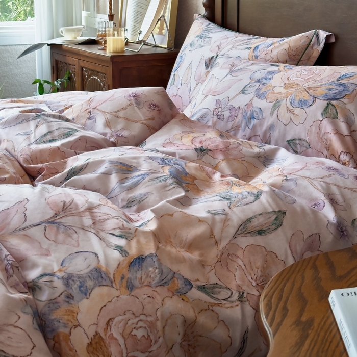 91家纺网 家纺一手货源 找家纺 由丽家纺 2025年5月柔棉全棉纯棉数码印花床单床笠款四件套（控价券后199起） 朝颜-蓝