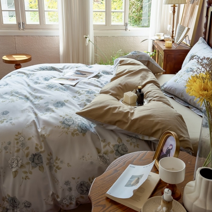 91家纺网 家纺一手货源 找家纺 由丽家纺 2025年5月柔棉全棉纯棉数码印花床单床笠款四件套（控价券后199起） 池苑-绿