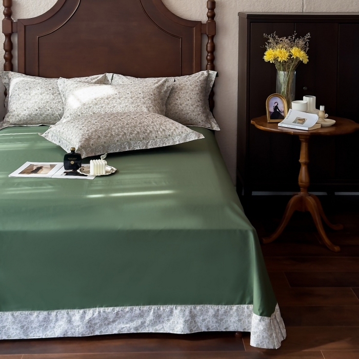 91家纺网 家纺一手货源 找家纺 由丽家纺 2025年5月柔棉全棉纯棉数码印花床单床笠款四件套（控价券后199起） 花枝棠-绿