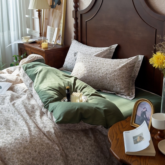 91家纺网 家纺一手货源 找家纺 由丽家纺 2025年5月柔棉全棉纯棉数码印花床单床笠款四件套（控价券后199起） 花枝棠-绿