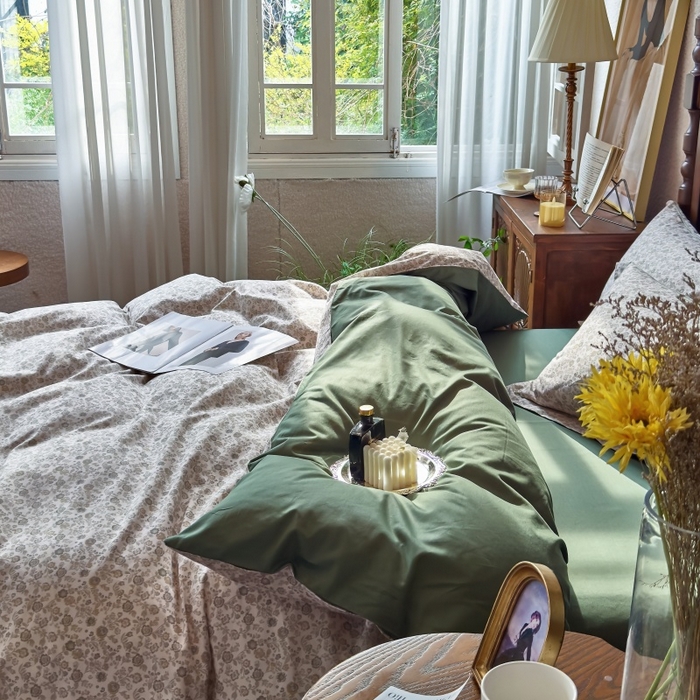 91家纺网 家纺一手货源 找家纺 由丽家纺 2025年5月柔棉全棉纯棉数码印花床单床笠款四件套（控价券后199起） 花枝棠-绿