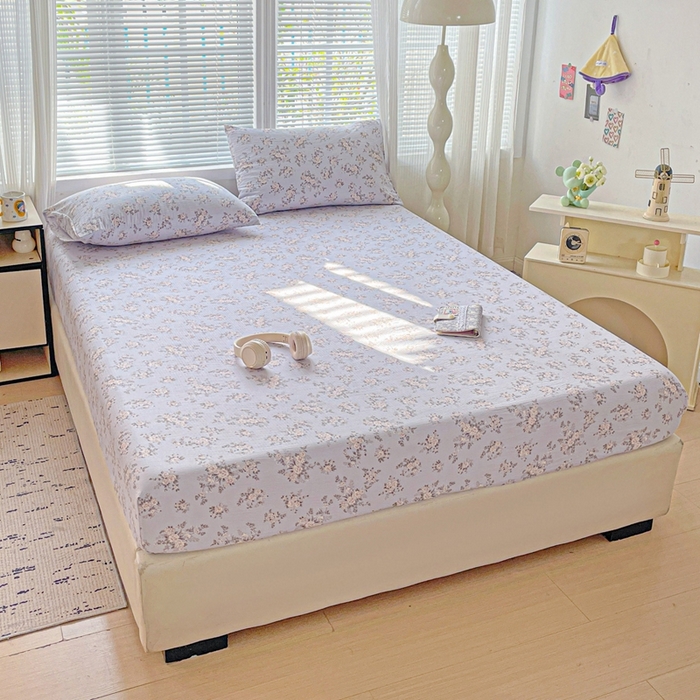 91家纺网 家纺一手货源 找家纺  2025新款母婴级ins小清新双层纱印花床笠床垫保护罩枕套三件套 华梦