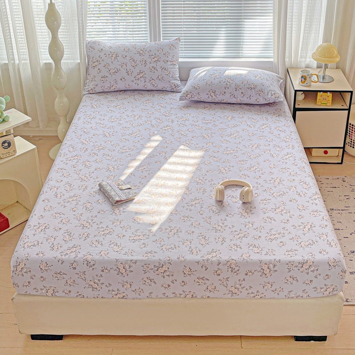  2025新款母婴级ins小清新双层纱印花床笠床垫保护罩枕套三件套 华梦