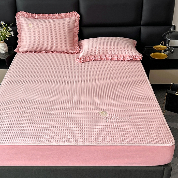 91家纺网 家纺一手货源 找家纺 代芙家纺 2025新款PE凉感软凉席床笠款三件套 粉色