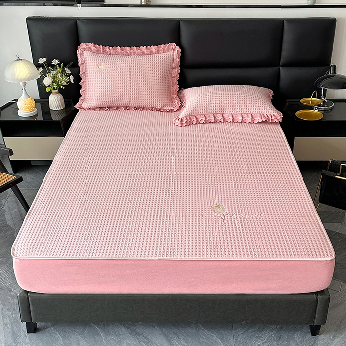 91家纺网 家纺一手货源 找家纺 代芙家纺 2025新款PE凉感软凉席床笠款三件套 粉色