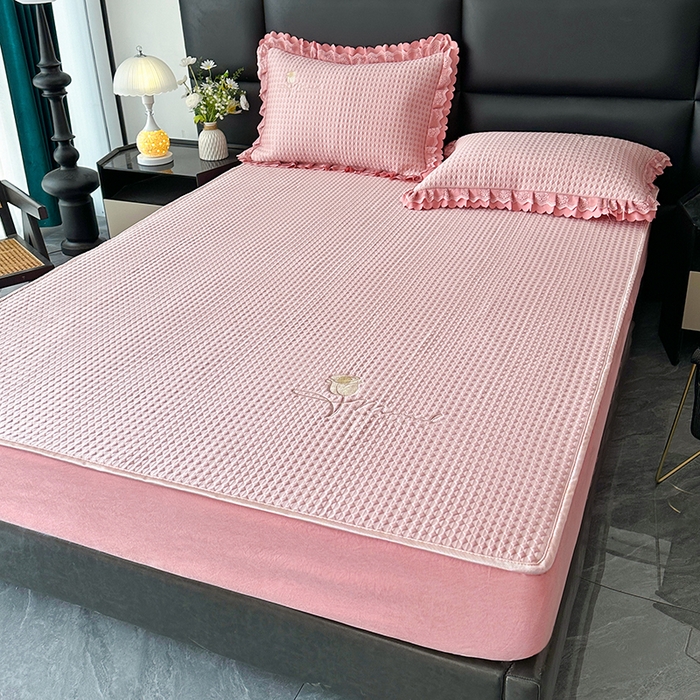 91家纺网 家纺一手货源 找家纺 代芙家纺 2025新款PE凉感软凉席床笠款三件套 粉色