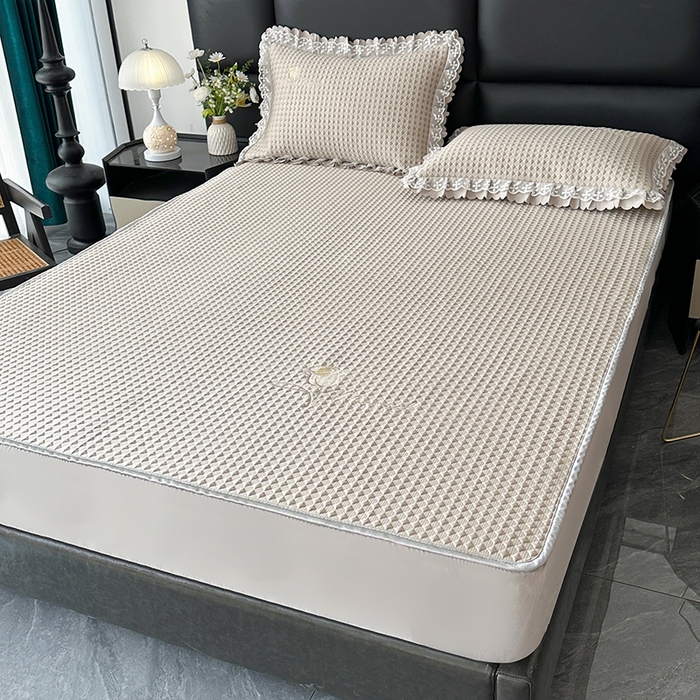 91家纺网 家纺一手货源 找家纺 代芙家纺 2025新款PE凉感软凉席床笠款三件套 咖色