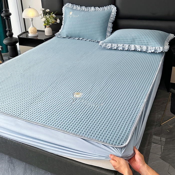 代芙家纺 2025新款PE凉感软凉席床笠款三件套 蓝色