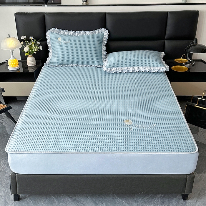 91家纺网 家纺一手货源 找家纺 代芙家纺 2025新款PE凉感软凉席床笠款三件套 蓝色