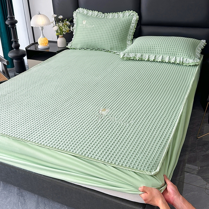 代芙家纺 2025新款PE凉感软凉席床笠款三件套 绿色
