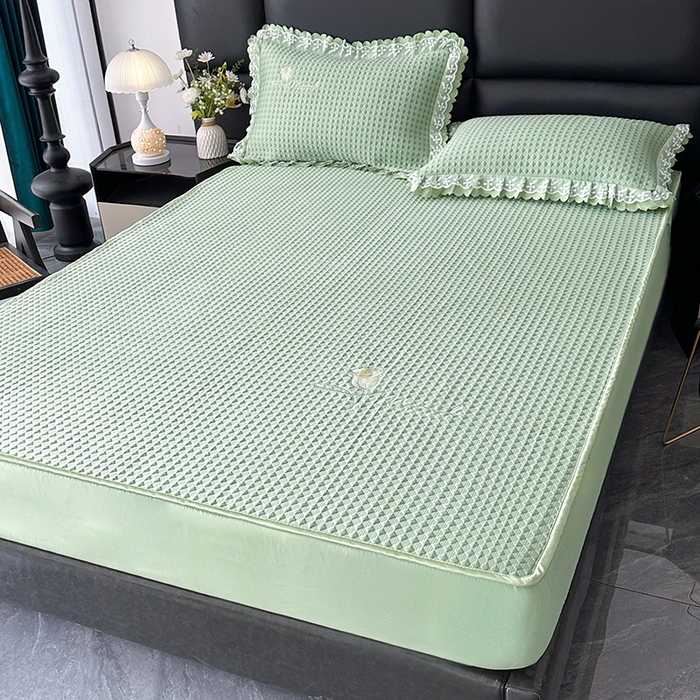 91家纺网 家纺一手货源 找家纺 代芙家纺 2025新款PE凉感软凉席床笠款三件套 绿色