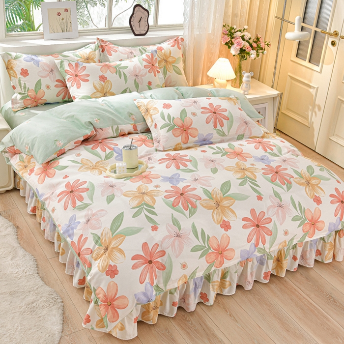 91家纺网 家纺一手货源 找家纺 绘萱家居 2025新款100%全棉床裙款斜纹印花四件套 温情初夏