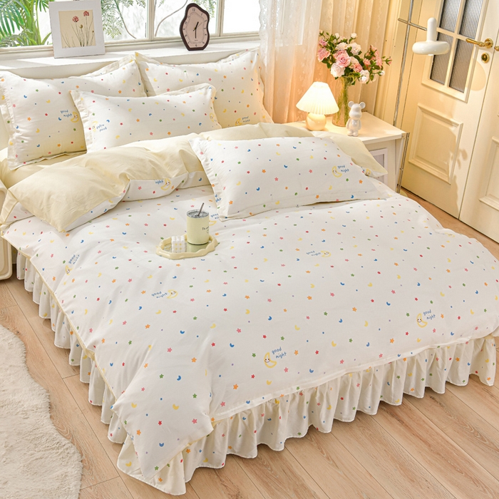 91家纺网 家纺一手货源 找家纺 绘萱家居 2025新款100%全棉床裙款斜纹印花四件套 星光灿烂