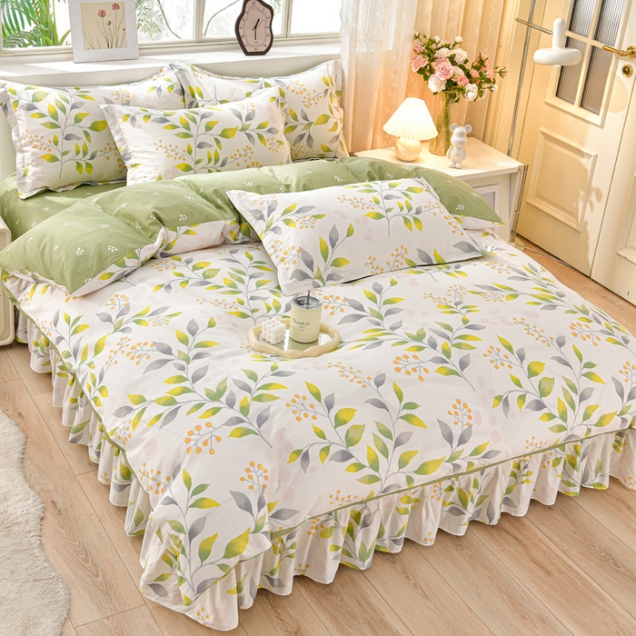 91家纺网 家纺一手货源 找家纺 绘萱家居 2025新款100%全棉床裙款斜纹印花四件套 叶之恋