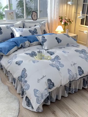 91家纺网 家纺一手货源 找家纺 绘萱家居 2025新款100%全棉床裙款斜纹印花四件套 翩翩蝴蝶