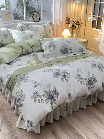 91家纺网 家纺一手货源 找家纺 绘萱家居 2025新款100%全棉床裙款斜纹印花四件套 悠然