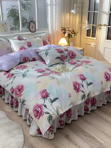 91家纺网 家纺一手货源 找家纺 绘萱家居 2025新款100%全棉床裙款斜纹印花四件套 三生三世