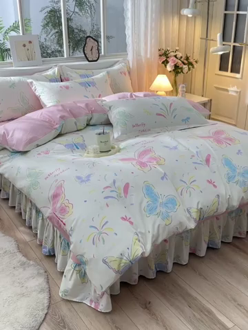 91家纺网 家纺一手货源 找家纺 绘萱家居 2025新款100%全棉床裙款斜纹印花四件套 轻舞飞扬