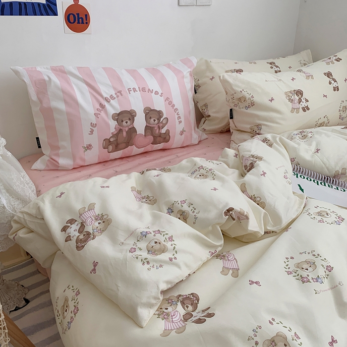 91家纺网 家纺一手货源 找家纺 柚可家居 2024新款活性印花小熊系列单被套 奶油小熊