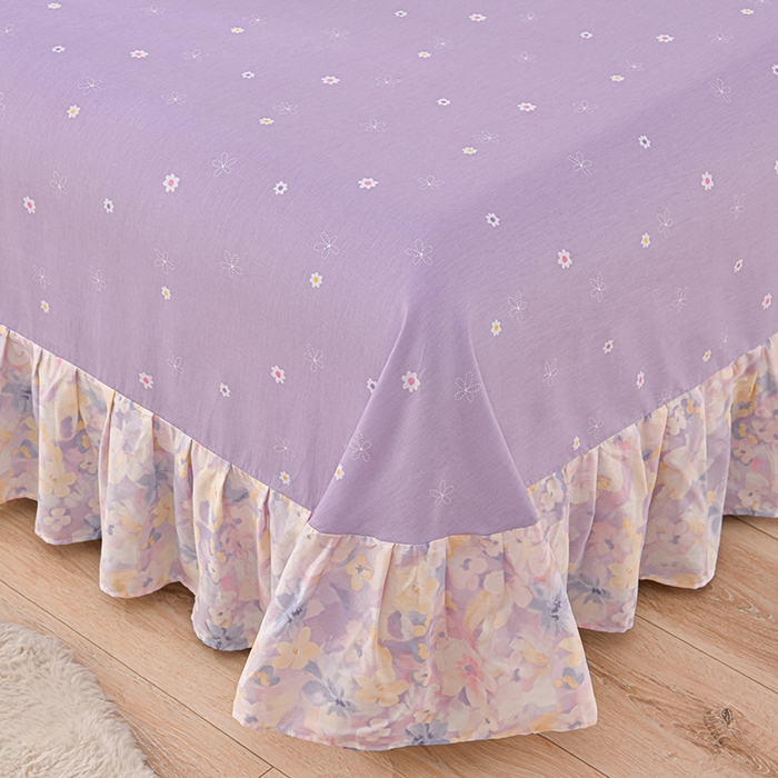 91家纺网 家纺一手货源 找家纺 绘萱家居 2025新款100%全棉床裙款斜纹印花四件套 紫色浪漫