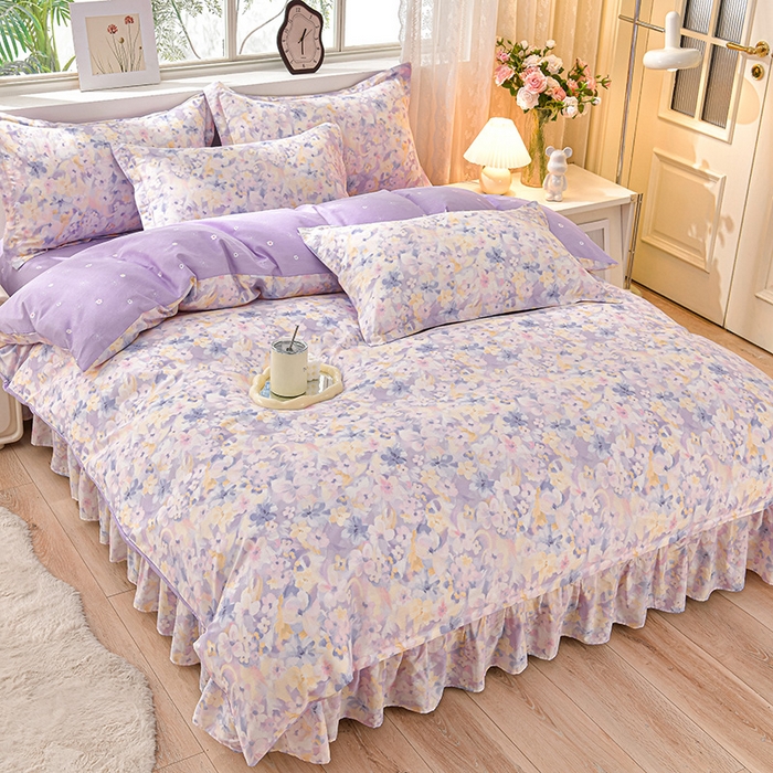 绘萱家居 2025新款100%全棉床裙款斜纹印花四件套 紫色浪漫